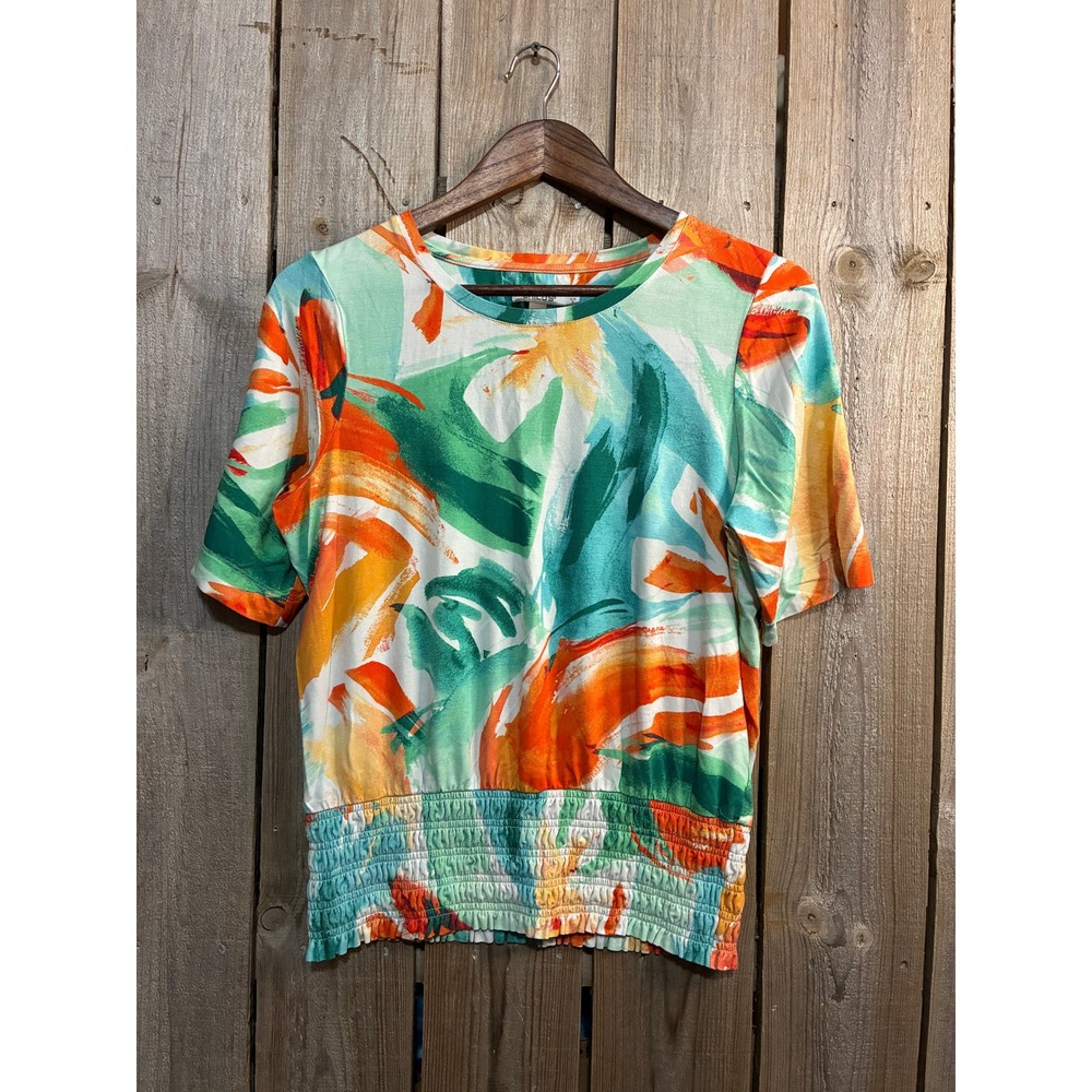Chico's Abstract Floral Smocked Hem Pima Cotton Blend Top Orange Green Size 0‎ S